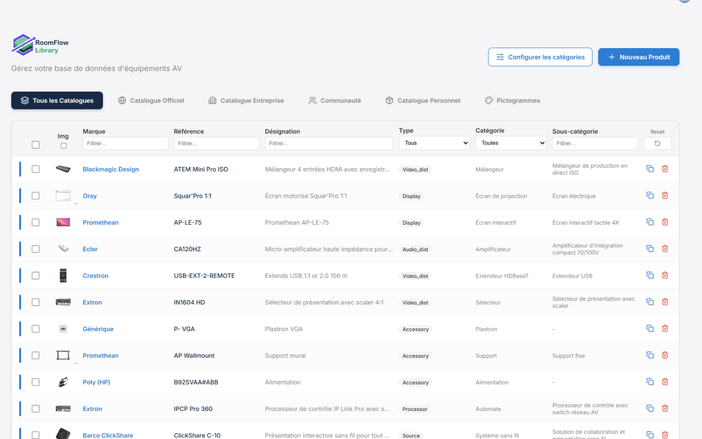 Catalogue RoomFlow Library : marque, référence, désignation, type et catégorie de chaque produit